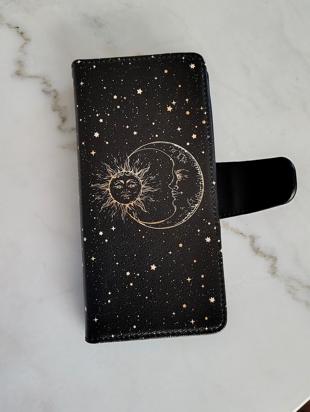 Toycamp Black Phone Carryall Open Flap Card Case With Gold Moon and Stars - Picture 3 of 9